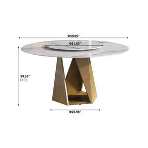 English Elm 59.05 Round Sintered Stone Dining Table Bronze Pedestal Base with Built-In Turntable Seats 8 W1535S00774