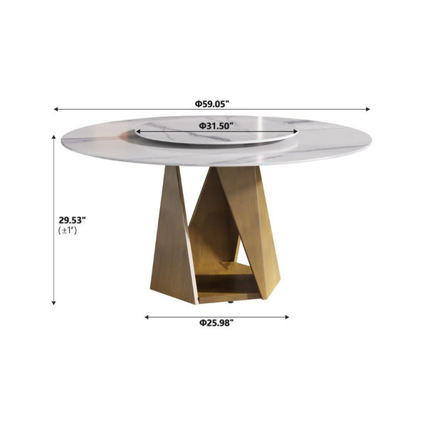 English Elm 59.05 Round Sintered Stone Dining Table Bronze Pedestal Base with Built-In Turntable Seats 8 W1535S00774