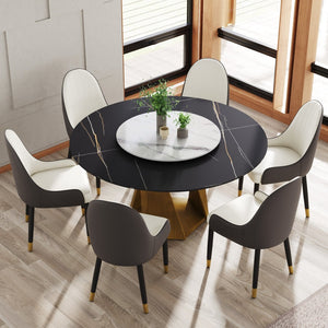 English Elm 59.05 Round Sintered Stone Dining Table with Bronze Iron Pedestal Base Seats Eight W1535S00775