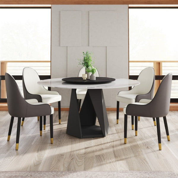 English Elm 59.05 Round Sintered Stone Dining Table Seats 8 with Lazy Susan and Iron Base W1535S00776