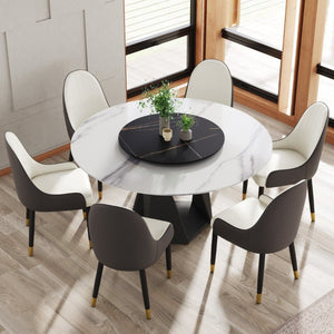 English Elm 59.05 Round Sintered Stone Dining Table Seats 8 with Lazy Susan and Iron Base W1535S00776