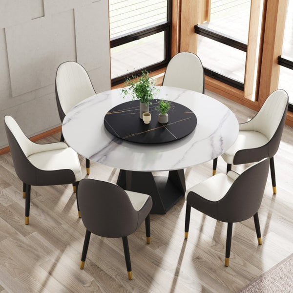 English Elm 59.05 Round Sintered Stone Dining Table Seats 8 with Lazy Susan and Iron Base W1535S00776