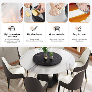 English Elm 59.05 Round Sintered Stone Dining Table Seats 8 with Lazy Susan and Iron Base W1535S00776
