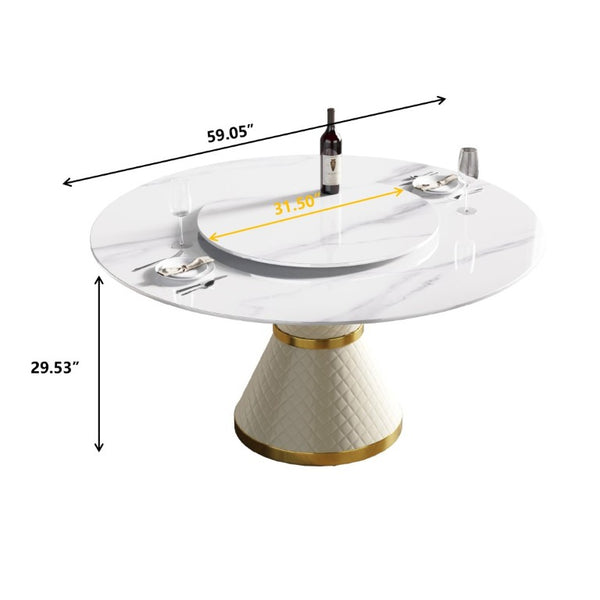 English Elm 59.05Modern Sintered Stone Round Dining Table with Lazy Susan Seats 6 Steel Base W1535S00777