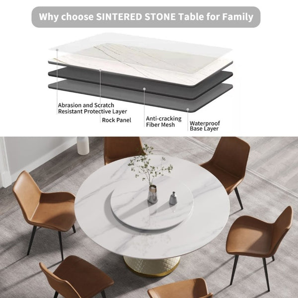 English Elm 59.05Modern Sintered Stone Round Dining Table with Lazy Susan Seats 6 Steel Base W1535S00777