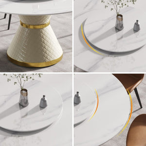 English Elm 59.05Modern Sintered Stone Round Dining Table with Lazy Susan Seats 6 Steel Base W1535S00777