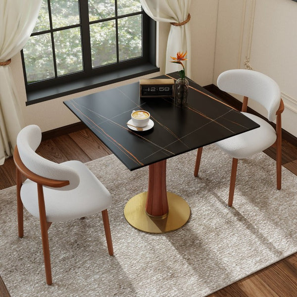 English Elm Modern Sintered Stone Square Dining Table Gold Base Wooden Leg Compact Nook W1535S00780
