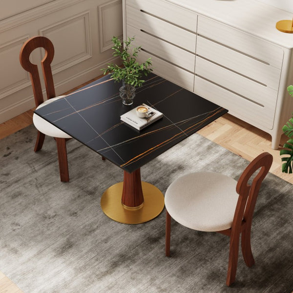 English Elm Modern Sintered Stone Square Dining Table Gold Base Wooden Leg Compact Nook W1535S00780