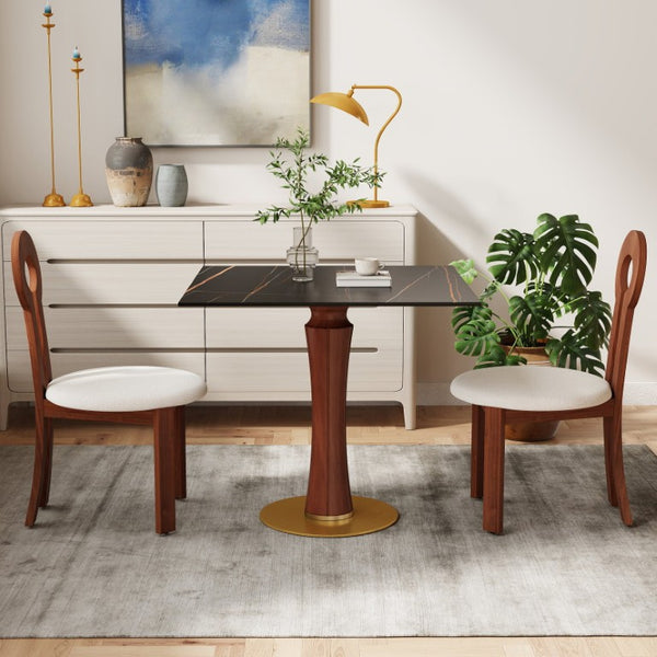 English Elm Modern Sintered Stone Square Dining Table Gold Base Wooden Leg Compact Nook W1535S00780