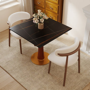 English Elm Modern Sintered Stone Square Dining Table Gold Base Wooden Leg Compact Nook W1535S00780