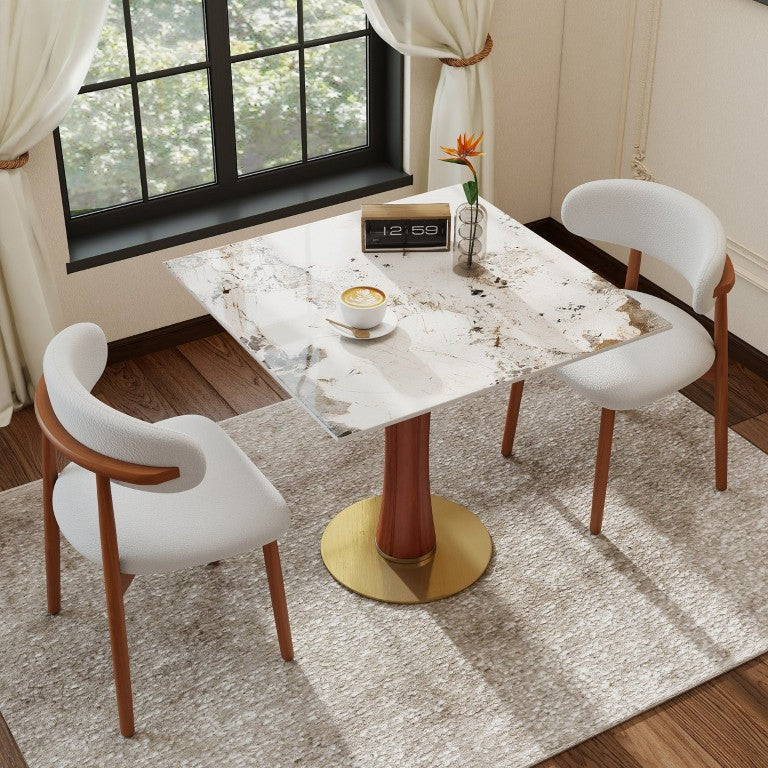 English Elm Modern Sintered Stone Square Dining Table Gold Base Wooden Leg Compact Breakfast Nook W1535S00783