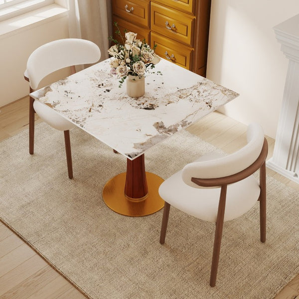 English Elm Modern Sintered Stone Square Dining Table Gold Base Wooden Leg Compact Breakfast Nook W1535S00783