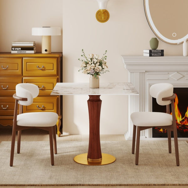 English Elm Modern Sintered Stone Square Dining Table Gold Base Wooden Leg Compact Breakfast Nook W1535S00783