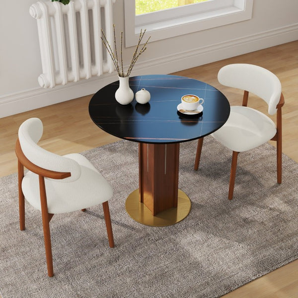 English Elm 85Cm Round Sintered Stone Dining Table Walnut Column Gold Base Seats Two W1535S00784