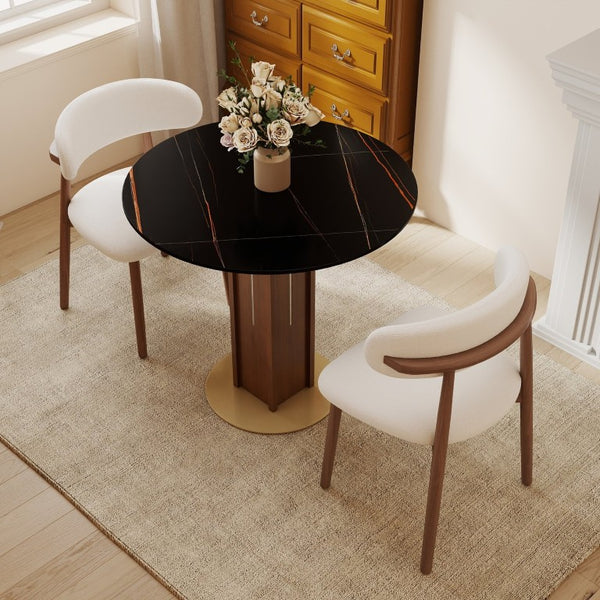 English Elm 85Cm Round Sintered Stone Dining Table Walnut Column Gold Base Seats Two W1535S00784