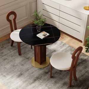 English Elm 85Cm Round Sintered Stone Dining Table Walnut Column Gold Base Seats Two W1535S00784