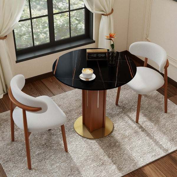 English Elm 85Cm Round Sintered Stone Dining Table Walnut Column Gold Base Seats Two W1535S00784