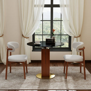 English Elm 85Cm Round Sintered Stone Dining Table Walnut Column Gold Base Seats Two W1535S00784