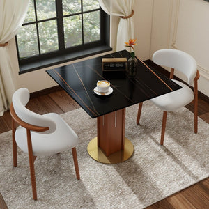 English Elm 85Cm Sintered Stone Square Dining Table Gold Veined Top Walnut Base for Small Spaces Black Slate Walnut Column W1535S00785