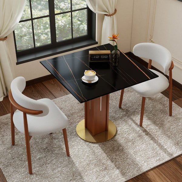 English Elm 85Cm Sintered Stone Square Dining Table Gold Veined Top Walnut Base for Small Spaces Black Slate Walnut Column W1535S00785