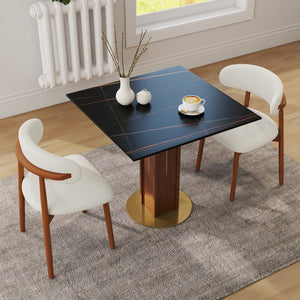 English Elm 85Cm Sintered Stone Square Dining Table Gold Veined Top Walnut Base for Small Spaces Black Slate Walnut Column W1535S00785