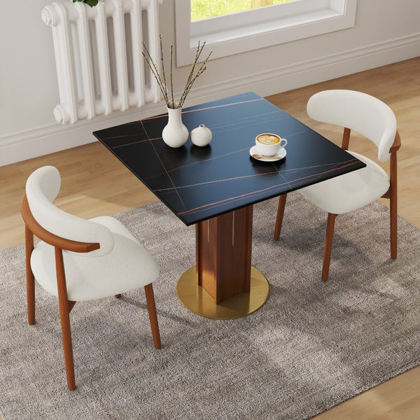 English Elm 85Cm Sintered Stone Square Dining Table Gold Veined Top Walnut Base for Small Spaces Black Slate Walnut Column W1535S00785