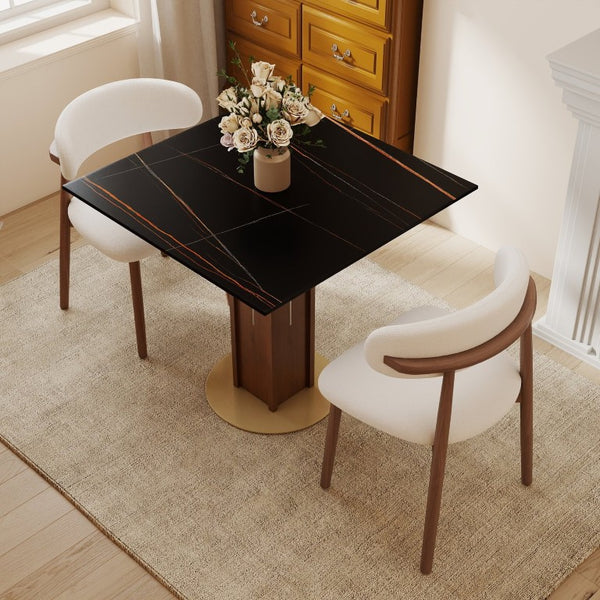 English Elm 85Cm Sintered Stone Square Dining Table Gold Veined Top Walnut Base for Small Spaces Black Slate Walnut Column W1535S00785