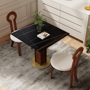 English Elm 85Cm Sintered Stone Square Dining Table Gold Veined Top Walnut Base for Small Spaces Black Slate Walnut Column W1535S00785
