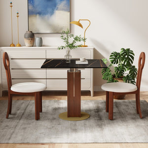 English Elm 85Cm Sintered Stone Square Dining Table Gold Veined Top Walnut Base for Small Spaces Black Slate Walnut Column W1535S00785