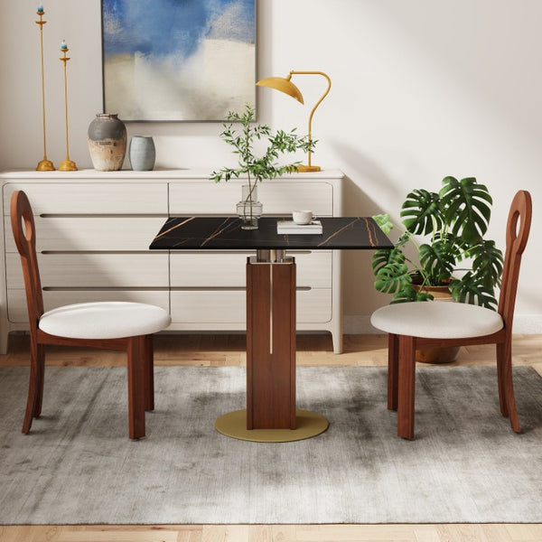 English Elm 85Cm Sintered Stone Square Dining Table Gold Veined Top Walnut Base for Small Spaces Black Slate Walnut Column W1535S00785
