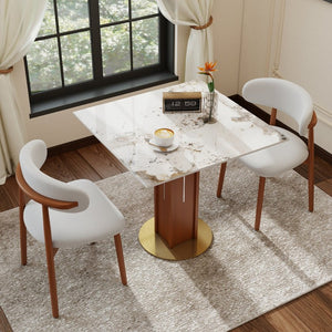 English Elm 85Cm Sintered Stone Square Dining Table Gold Veined Top Walnut Base for Small Spaces Pandora Walnut Column W1535S00787