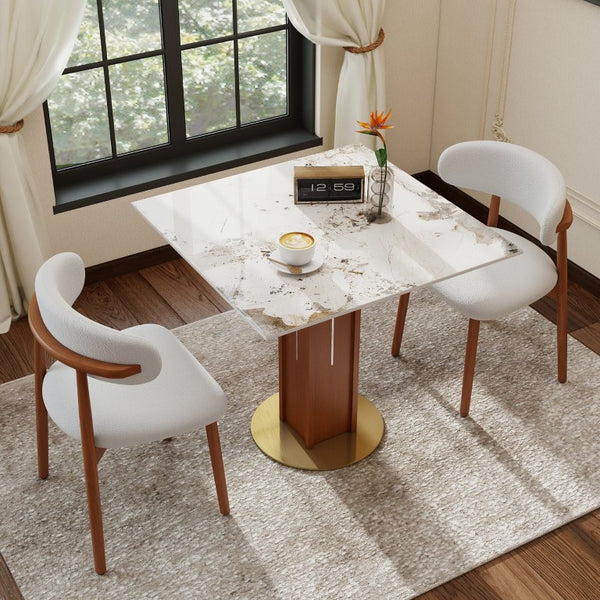 English Elm 85Cm Sintered Stone Square Dining Table Gold Veined Top Walnut Base for Small Spaces Pandora Walnut Column W1535S00787