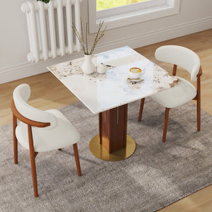 English Elm 85Cm Sintered Stone Square Dining Table Gold Veined Top Walnut Base for Small Spaces Pandora Walnut Column W1535S00787