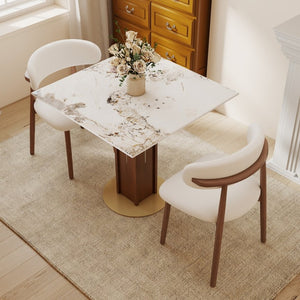 English Elm 85Cm Sintered Stone Square Dining Table Gold Veined Top Walnut Base for Small Spaces Pandora Walnut Column W1535S00787