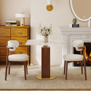 English Elm 85Cm Sintered Stone Square Dining Table Gold Veined Top Walnut Base for Small Spaces Pandora Walnut Column W1535S00787
