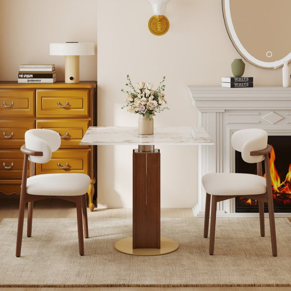 English Elm 85Cm Sintered Stone Square Dining Table Gold Veined Top Walnut Base for Small Spaces Pandora Walnut Column W1535S00787
