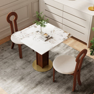 English Elm 85Cm Sintered Stone Square Dining Table Gold Veined Top Walnut Base for Small Spaces Pandora Walnut Column W1535S00787