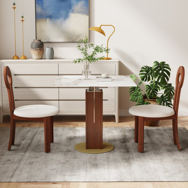 English Elm 85Cm Sintered Stone Square Dining Table Gold Veined Top Walnut Base for Small Spaces Pandora Walnut Column W1535S00787