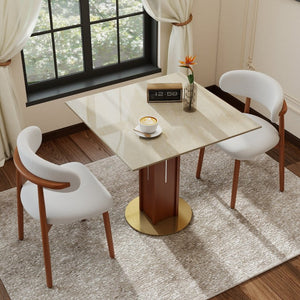English Elm 85Cm Sintered Stone Square Dining Table Gold Veined Top Walnut Base for Small Spaces Cave Stone Walnut Column W1535S00792