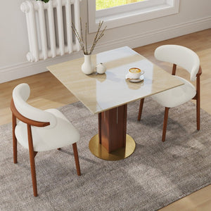 English Elm 85Cm Sintered Stone Square Dining Table Gold Veined Top Walnut Base for Small Spaces Cave Stone Walnut Column W1535S00792