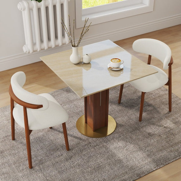 English Elm 85Cm Sintered Stone Square Dining Table Gold Veined Top Walnut Base for Small Spaces Cave Stone Walnut Column W1535S00792