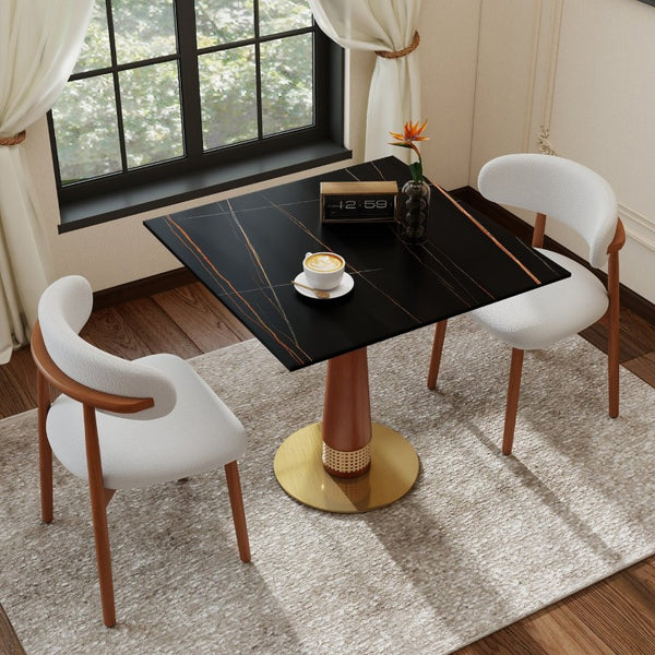 English Elm 85Cm Sintered Stone Square Dining Table Gold Veined Top Walnut Base for Small Spaces Black Slate Rattan Column W1535S00794