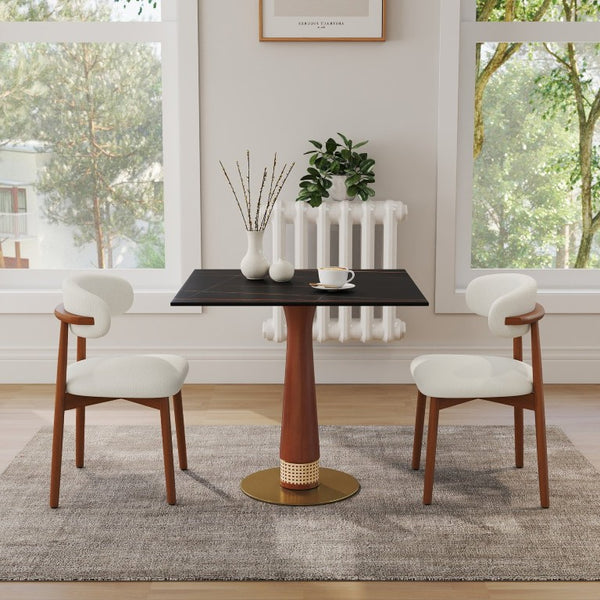 English Elm 85Cm Sintered Stone Square Dining Table Gold Veined Top Walnut Base for Small Spaces Black Slate Rattan Column W1535S00794