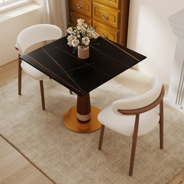 English Elm 85Cm Sintered Stone Square Dining Table Gold Veined Top Walnut Base for Small Spaces Black Slate Rattan Column W1535S00794