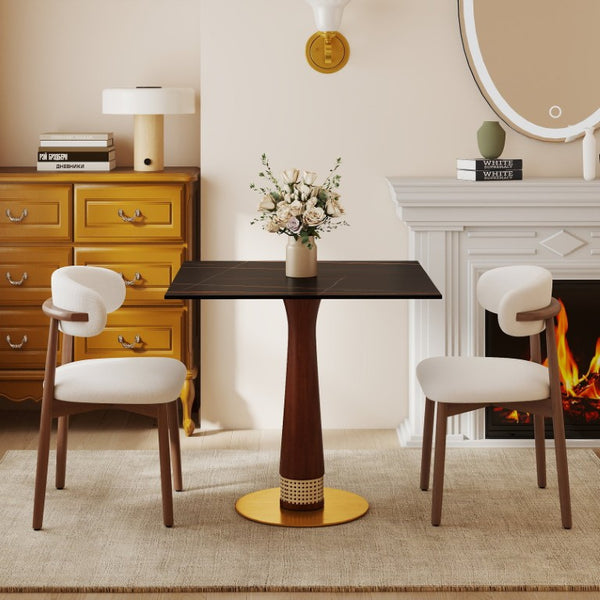 English Elm 85Cm Sintered Stone Square Dining Table Gold Veined Top Walnut Base for Small Spaces Black Slate Rattan Column W1535S00794