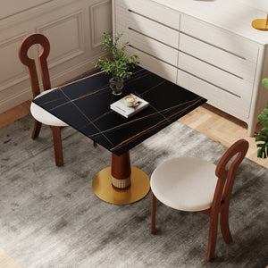 English Elm 85Cm Sintered Stone Square Dining Table Gold Veined Top Walnut Base for Small Spaces Black Slate Rattan Column W1535S00794