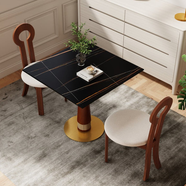 English Elm 85Cm Sintered Stone Square Dining Table Gold Veined Top Walnut Base for Small Spaces Black Slate Rattan Column W1535S00794