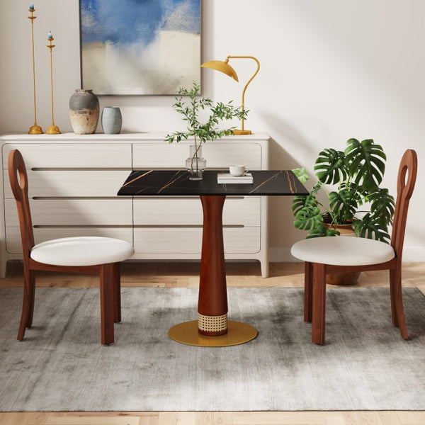 English Elm 85Cm Sintered Stone Square Dining Table Gold Veined Top Walnut Base for Small Spaces Black Slate Rattan Column W1535S00794