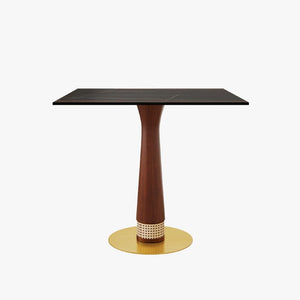 English Elm 85Cm Sintered Stone Square Dining Table Gold Veined Top Walnut Base for Small Spaces Black Slate Rattan Column W1535S00794