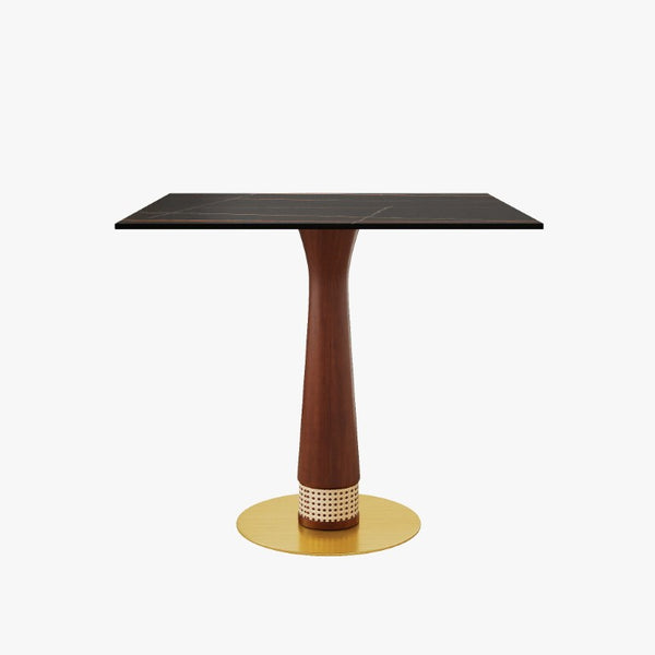 English Elm 85Cm Sintered Stone Square Dining Table Gold Veined Top Walnut Base for Small Spaces Black Slate Rattan Column W1535S00794